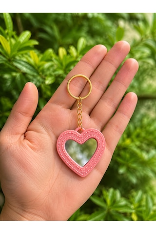 Aynalı Kalp Anahtarlık - Çanta Süsü Charm Pembe