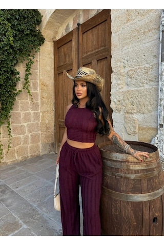 Evoa Kadın Bordo Halter Yaka Crop & Bol Paça Pantolon Fırfır Detaylı Gagari Takım Bordo Bordo