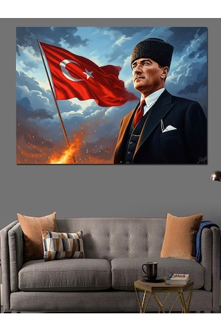 Türk Bayrağı Ve Atatürk Portresi Dekoratif Kanvas - Mdf Ahşap Tablo
