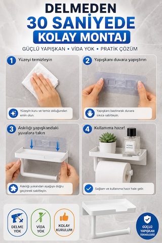Beyaz Yapışkanlı Raflı Tuvalet Kağıdı Askılığı Delmeden Montaj Banyo Organizer Telefon Rafı Askısı