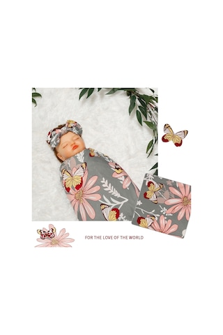 Moveevo Su5013 Bebek Kundak Üçlü Set Baskılı Kundak + Şapka + Saç Bandı 80 80cm Beyaz Şakayık Çok Renkli