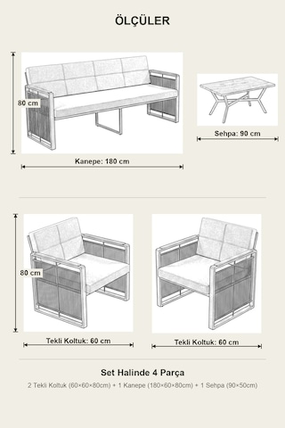 Maris Bahçe Balkon Oturma Takımı Metal Karkas, 3+1+1 Koltuk, Cappucino Bej