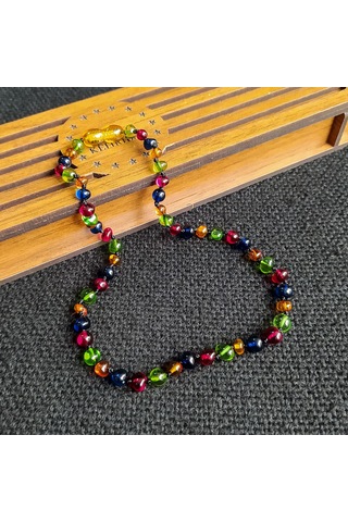 Sertifikalı Mavi Multicolor 35 cm Kız Erkek Bebek Diş Kolyesi Gri