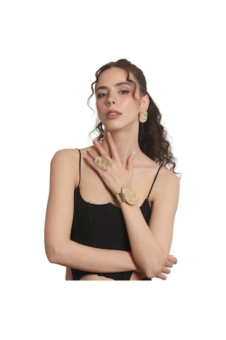 Kadın Lak Altın Renk Kaplama Spiral Baskılı Tasarım Küpe &yüzük &bilekik Set Altın