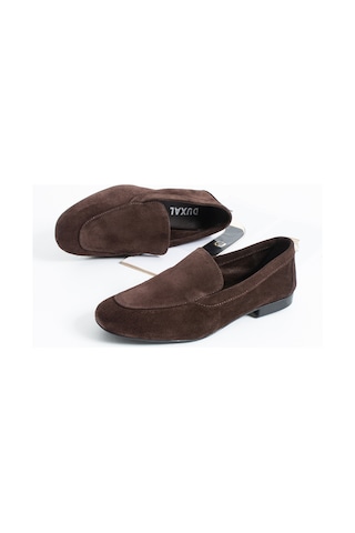 Duxal Shoes Oliver Hakiki Deri Yumuşak Tabanlı Kadın Süet Babet Loafer Acıkahve