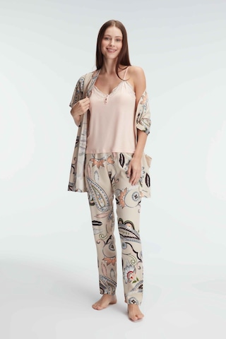 Man5840-1177 Anıl Ev Giyim Man5840 Anıl 5840 İp Askılı V Yaka Kadın Viskon Çiçek Desenli Yazlık Dantel Detaylı Pijama Takımı Sabahlık Koyu Ten