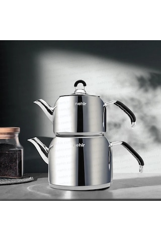 Nehir Modern Midi Orta Boy 1-2 Lt. Paslanmaz Çelik Çaydanlık Takımı Gri