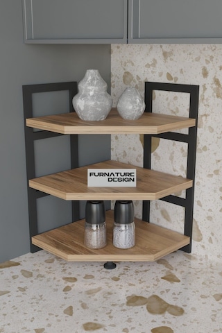 Akın Köşe Baharatlık 3 Raflı Mutfak Tezgah Üstü Köşe Raf - Çam Atlantik Çam