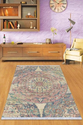 Pembe Vintage Dokuma Pamuk Tabanlı Kaymaz Kilim Klm334n11