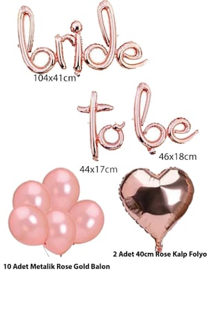 Bride To Be Imza Folyo Balon 10 Adet Rose Gold Balon 2 Adet 16 İnc Kalp Folyo Balon Canyon Rose