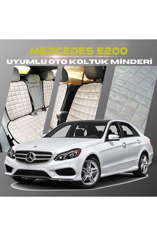 Mercedes E200 Bej Renk Tay Tüyü Cepli & Terletmez Sırtlı Oto Koltuk Minder Seti - Koltuk Koruma Kılıfı Ön & Arka Tam Set