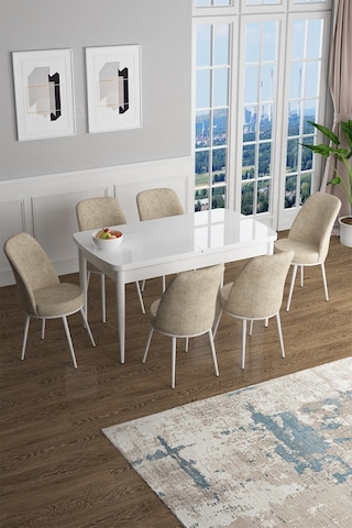 Canisa Concept Han Serisi 70x114 Açılabilir Mdf Mutfak Masası Takımı Beyaz Masa 6 Krem Sandalye Masa Beyaz Sandalyeler Krem