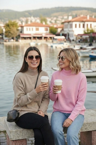 Lela Oversize Fit Balıkçı Yaka Yumuşak Dokulu 2'Li Paket Triko Bayan Kazak 680Kz00469S2 Vizon-Şeker Pembe
