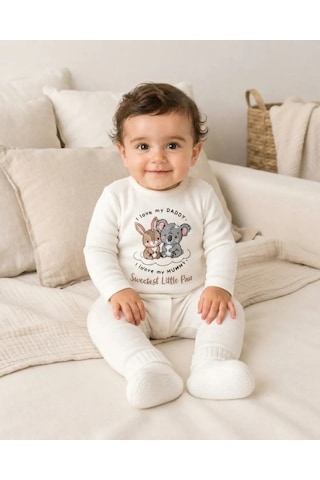 Süpermini Baby Alt Üst Takım Unisex Bebek Koala Ve Tavşan Baskılı Beyaz 2 Parça