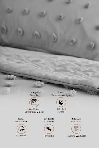 Evlen Home Pamuklu Emmy Yatak Örtüsü Seti Günlük Çift Kişilik Boho 3 Parça Dolgulu Tufting Gri Gri