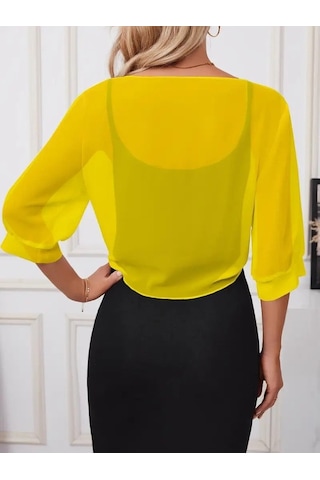 Kadın Truvakar Kollu Önden Bağlamalı Kısa Şifon Bolero Ceket Sarı