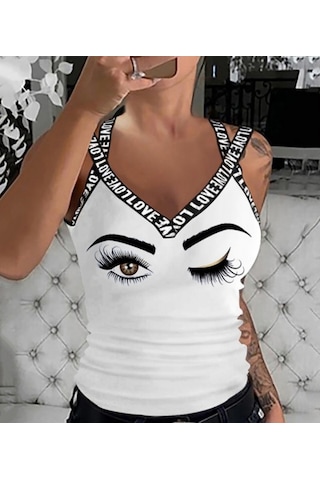 Ahes Shopping Kadın Çapraz Şeritli Göz Baskılı Viskon Bluz Beyaz