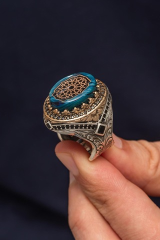Oval Mavi Sıkma Kehribar Taşlı 925 Erkek Gümüş Yüzük Gümüş