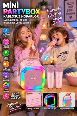 Blic Bls-97 Pembe Partybox Çift Kablosuz Mikrofonlu Rgb Led Işıklı Taşınabilir Bluetooth Hoparlör