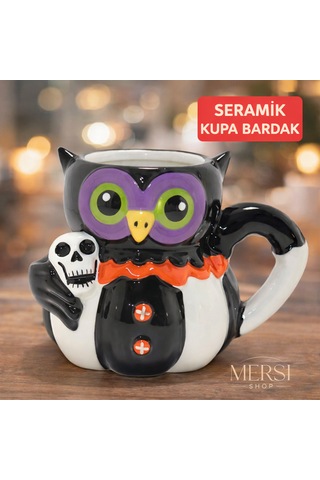 Kurukafa Tutan Baykuş Figürlü 3d Seramik Kupa Bardak Dekoratif Baykuş Kupa Sarı Siyah