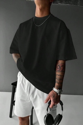 Erkek Siyah Oversize Kesim Bisiklet Yaka Oversize Tişört SIYAH