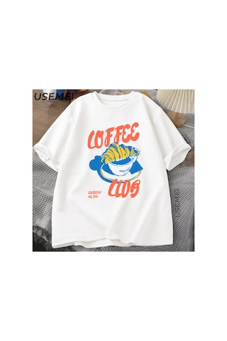 Tarzsokak Kahve Kulübü Tretro Kahve T-shirt Grafik Tee Fransız Pamuk Kısa Kollu Tees Büyük Boy 2800 Beyaz
