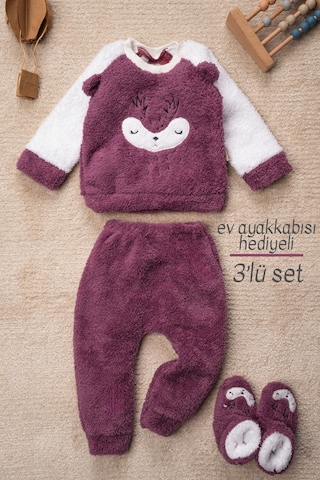 Mai Perla Kız Welsoft 3 Parça Geyik Desenli Ev Ayakkabısı Hediyeli Bebek Takım Mor