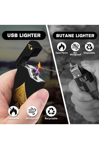 Techbloom Silvery A Rüzgar Geçirmez Çift Ark Çakmak Usb C Şarjlı Çakmak Maça Ası Tasarımı Kamp Hediye Açık Gri