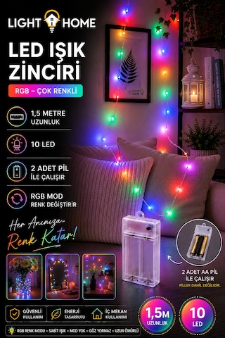 Kablolu Led Işık Zinciri Renkli Rgb Dekoratif Led Aydınlatma Oda Duvar Yatak Odası Parti Yılbaşı Süsü 1,5 Metre 10 Led Çok Renkli