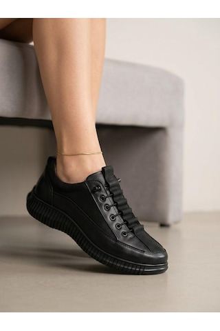 Beren Kadın Hakiki Deri Siyah Casual Ayakkabı Ortopedik Taban Süet Kombin Sneaker