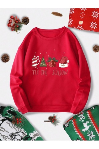 Seda Unisex Kadın/erkek Yılbaşı Temalı Sweatshirt Kırmızı-ağaç