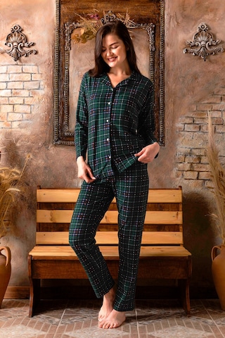 Nisanca Kışlık Düğmeli Ekose Desen Yılbaşı Temalı Kadın Süet Pijama Takımı Yesil