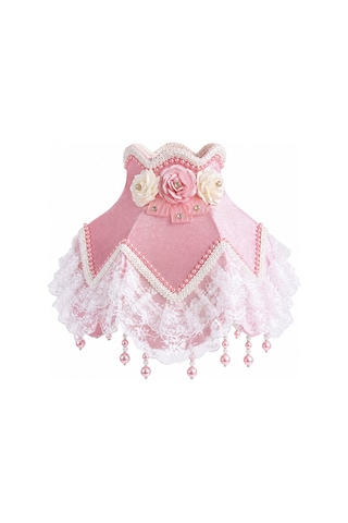 Pembe Kadife Kaplı Beyaz Dantelli El Yapımı Çiçek Dekorlu Abajur Şapkası 27x25cm