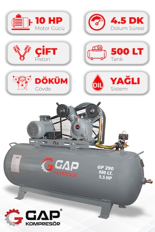 Gap Kompresör Gp290-500 Hava Kompresörü Pistonlu 500lt 2 Kafa 8 Bar 5.5 Hp