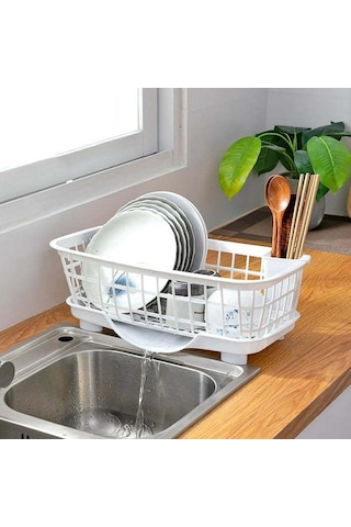 Skycity Plastik Fırça Kurutma Rafı, Ayırılabilir Su Toplama Tabanı Ve Hareketli Çatal Kaşık Kabı İle Mutfak Tabakları İçin Su Filtre Aleti Beyaz