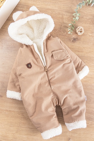Kapüşonlu Kadife İçi Peluş Welsoft Erkek Bebek Tulum Bej