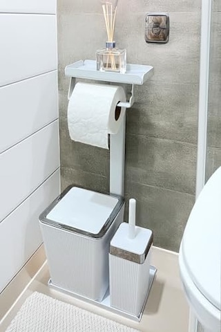 3'ü 1 Arada Banyo Seti Tuvalet Kağıtlık, Çöp Kovası Ve Tuvalet Fırça Takımı Set Çizgili Krom Beyaz Çok Renkli