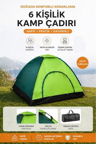 6 Kişilik Renkli Dayanıklı Kamp Çadırı 220x250x150 Yeşil