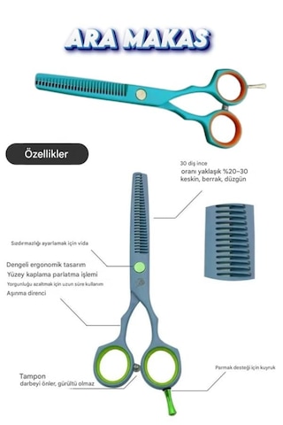 Çubuklu Turkuaz Ara Saç Kesim Makası 6 İnç Efile Makası