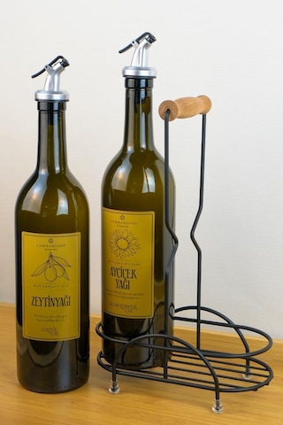 Digithome Petra 2'li Siyah Metal Standlı Ahşap Saplı Yağdanlık Seti Gold Etiketli Amber Yağlık 750 Ml