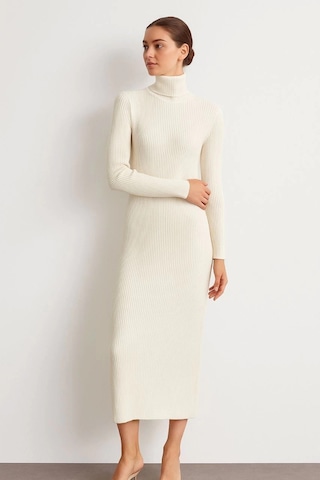 Kadın Boğazlı Triko Elbise Uzun Fitilli Esnek Dokuma, Tam Kalıp, Kışlık & Baharlık Şık Rahat Stil, Beyaz