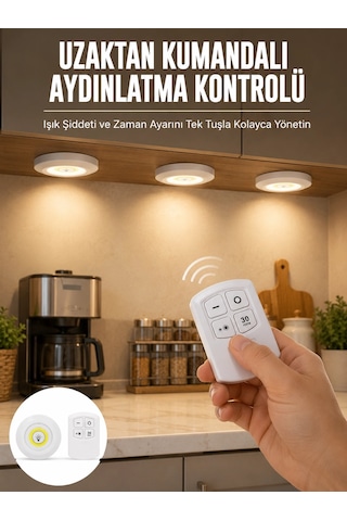 Plentifulspot Lamba Led Işık 3'lü Uzaktan Kumandalı Pilli Yapışkanlı Kablosuz Yeni Nesil Altın