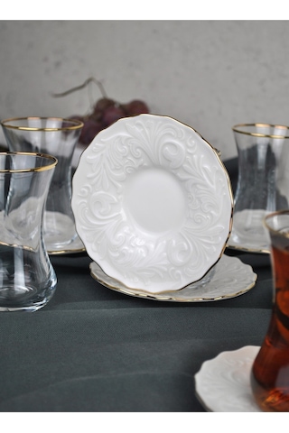 12 Parça Yaldızlı Cam Çay Takımı Porselen Çay Seti Çay Bardağı - Pera 6 Kişilik Şeffaf