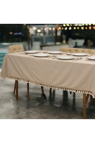 Dnc Home Tekstil  Bej Pamuk Keten Kahverengi Şerit Ponponlu Masa Örtüsü 001