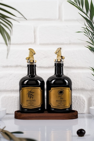 Moss 2'li Ahşap Standlı Damlatmaz Zeytinyağı Sıvıyağ Şişesi Cam Yağdanlık Seti 500 Ml Siyah Siyah