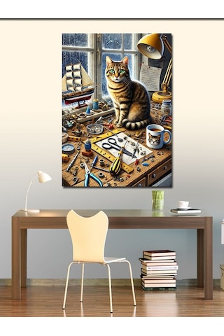 Kanvas Tablo Sanatçı Masası Ve Kedi 70cmx100cm