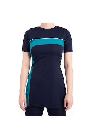 Kadın 667 Şeritli Kısa Kol Taytlı Tesettür Mayo Lacivert-yeşil Yeşil