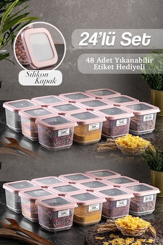 Meleni Home 24'lü Rosie Küçük Boy Silikon Kapaklı Kare Erzak Saklama Kabı Seti 24x 500 ML Baharatlık Seti Pembe