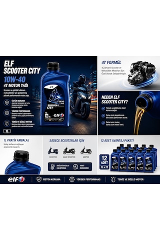 Elf Scooter 4 Cıty 10w-40 12x1l Motosiklet Motor Yağı Scooter Motorları İçin Özel Formül