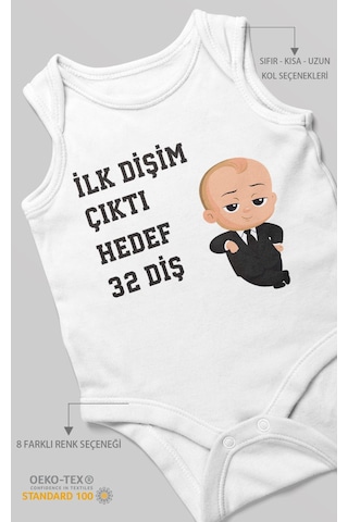 Morivokids İlk Dişim Çıktı Hedef 32 Diş Sıfır Kollu Bebek Body Beyaz